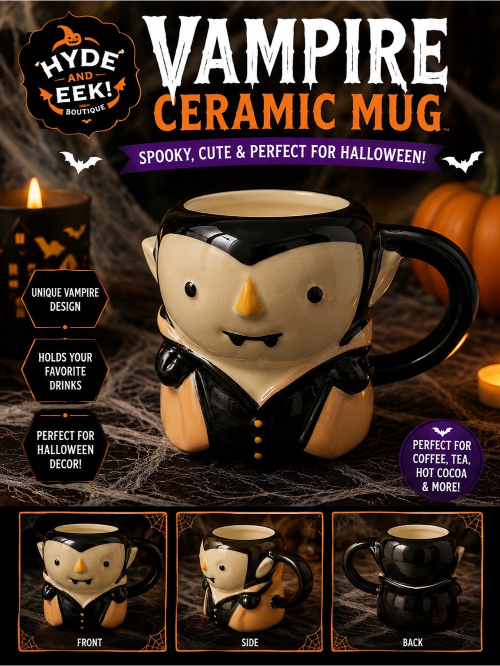 Hyde and Eek! Vampire Ceramic Mug - Black and Cream Halloween Drinkware